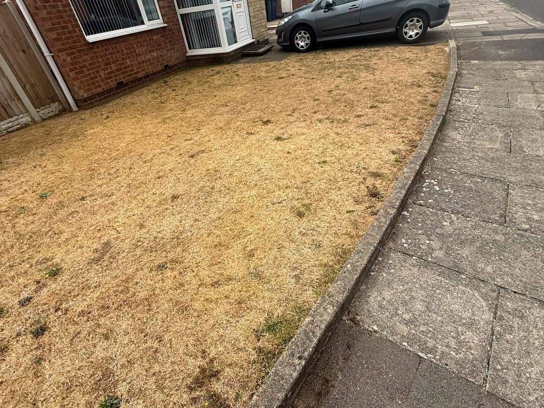 Dry front lawn beside a semi detached house before the driveway was built